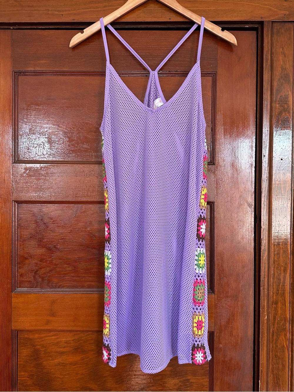 Mesh Cover Up Dress Crochet Granny Square Size Large Purple Boho Beachy Vacation